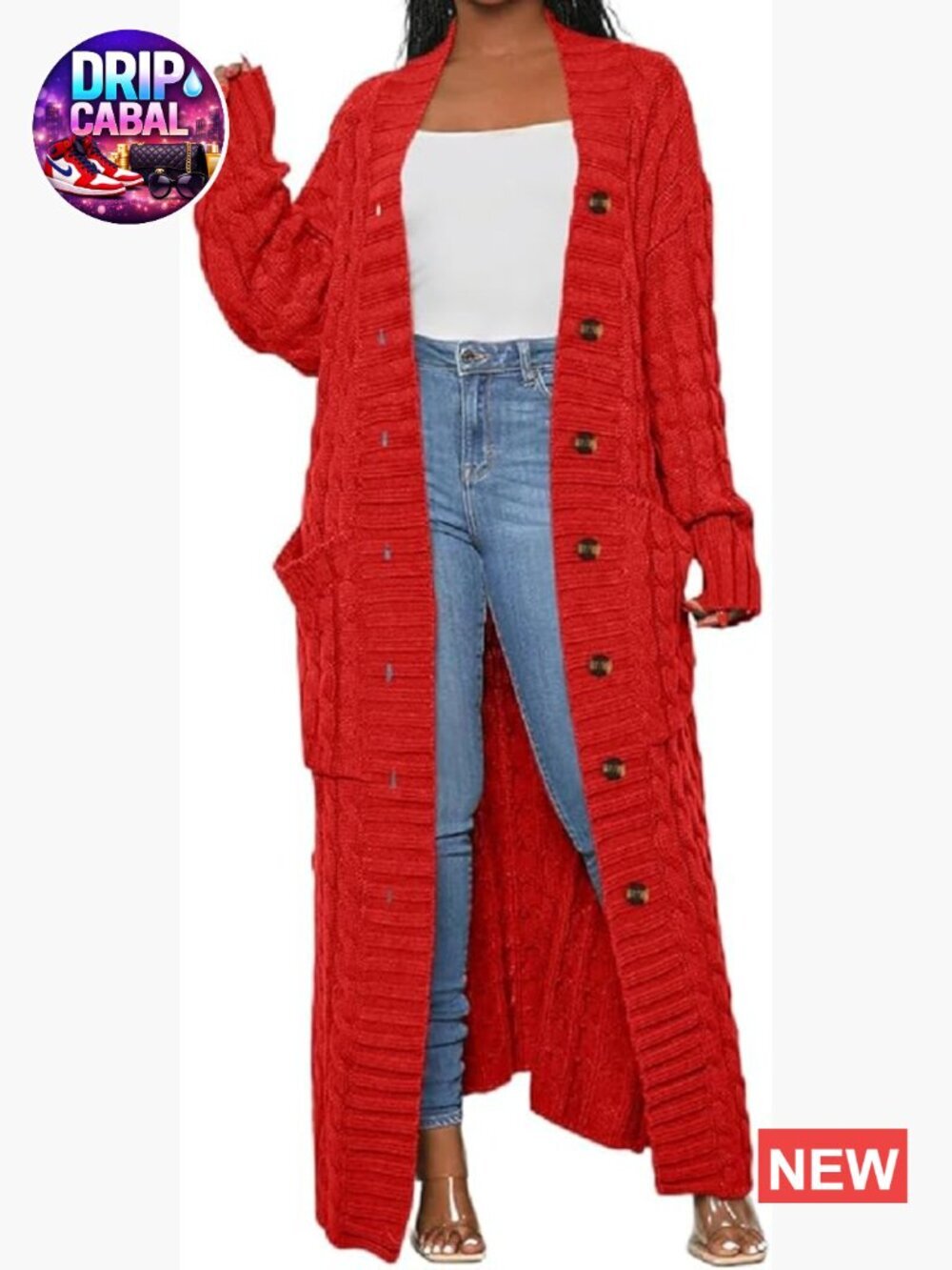 Cable Knit Dual Pocket Chunky Cardigan, Floor Length Maxi Sweater